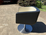 Retro tub chairs by Shamburg and Alvisse, classic black leather, stainless base and white material seat - Marlborough Antiques